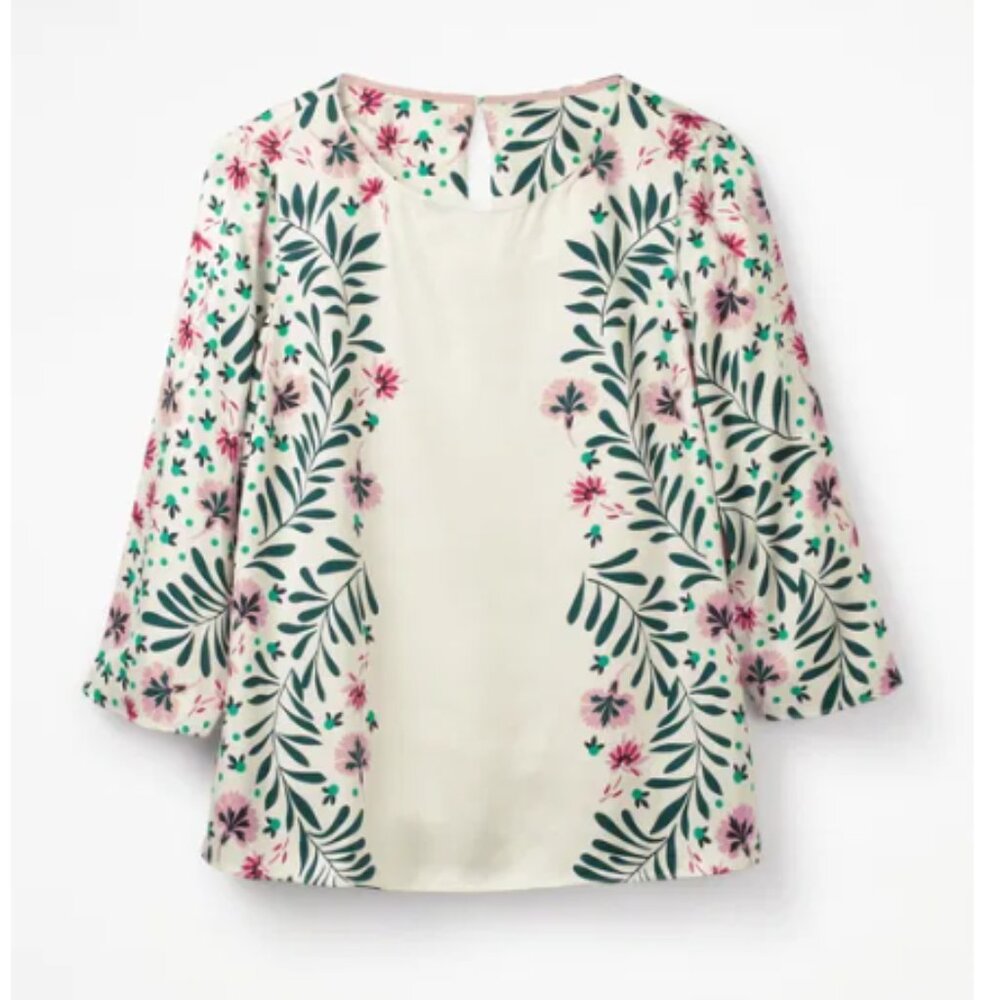 Boden Cream Blouse with Green Leaf and Pink Floral Print